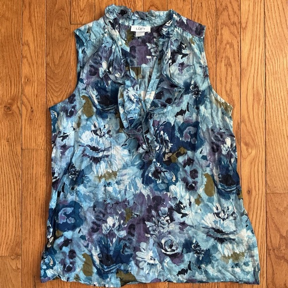 LOFT Tops - LOFT Multicolor Sleeveless Ruffle-Front Blouse - 100% Cotton - Sz Small